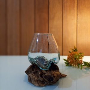 Reclaimed Glass Pot with Wooden Base