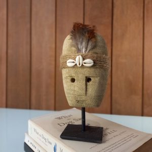 Stone Mask Statue on Iron Stand – Handcrafted Sandstone Decor