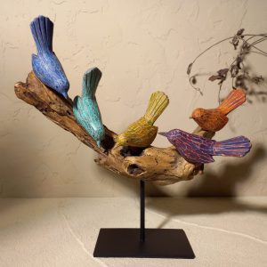 Lucky 5 Singing Birds on Stand Tree – Handcrafted Decorative Wooden Sculpture from Bali