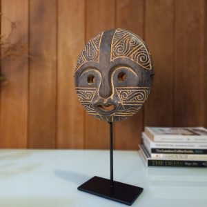 Round Primitive Mask Sculpture – Brown Wash Wooden Decor for Desk or Office