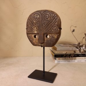Primitive Wooden Mask Sculpture – Dark Brown Tribal Style on Stand