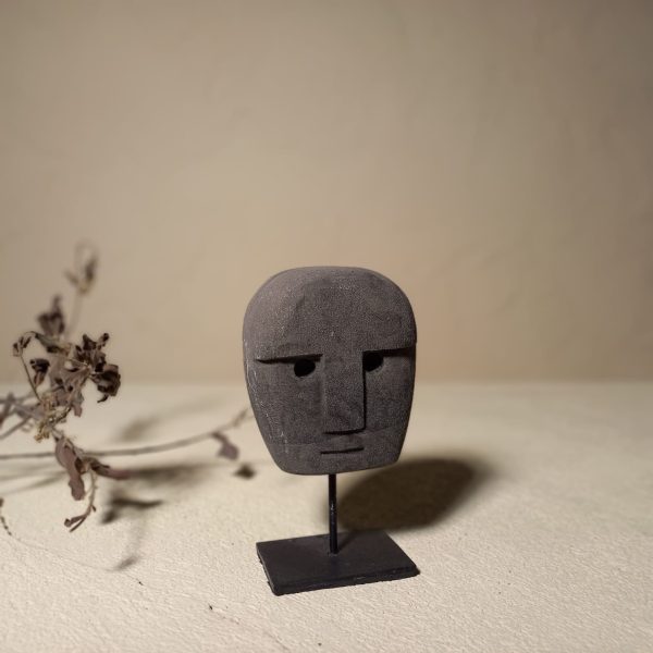 Tribal Stone Mask Statue – Hand-Carved Sandstone Desk Décor