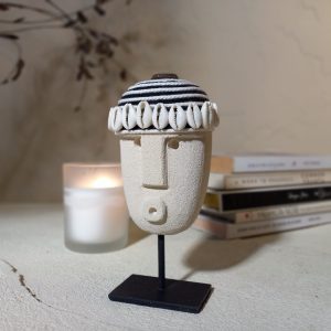 Tribal Stone Mask Statue – Hand-Carved Sandstone Desk Décor