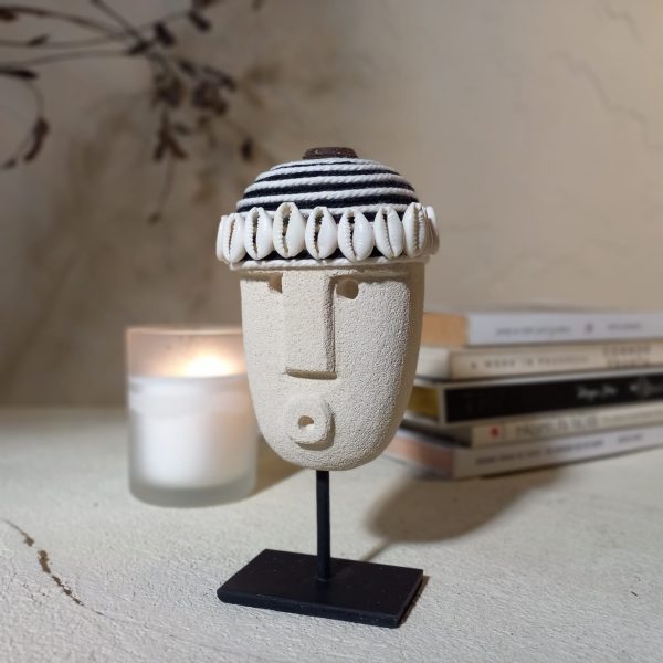 Tribal Stone Mask Statue – Hand-Carved Sandstone Desk Décor