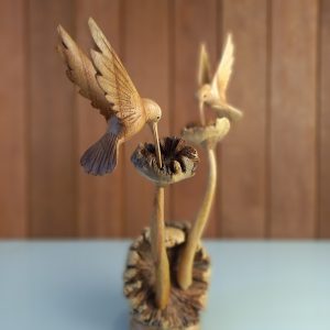 Flying Hummingbird Pair with Twin Parasit Trees – Handcrafted Balinese Wood Sculpture